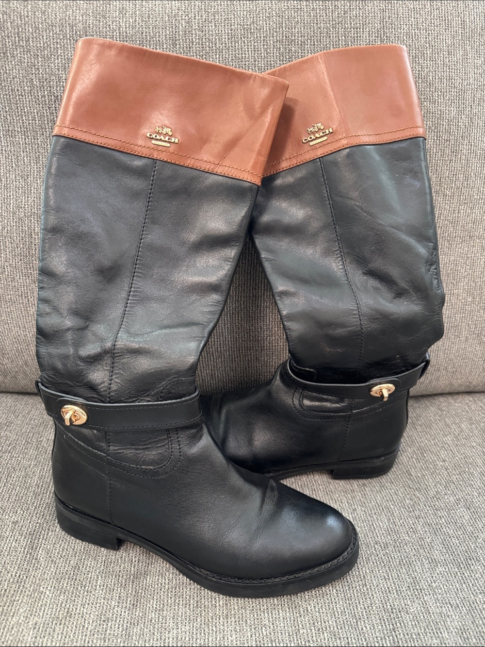 Coach Two-Tone Leather Knee Boots in Black and Brown